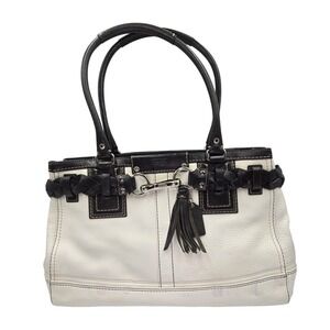 COACH MED WHT/BLK BRAIDED PEBBLED LEATHER CARRYALL TOTE BAG‎ PURSE SATCHEL